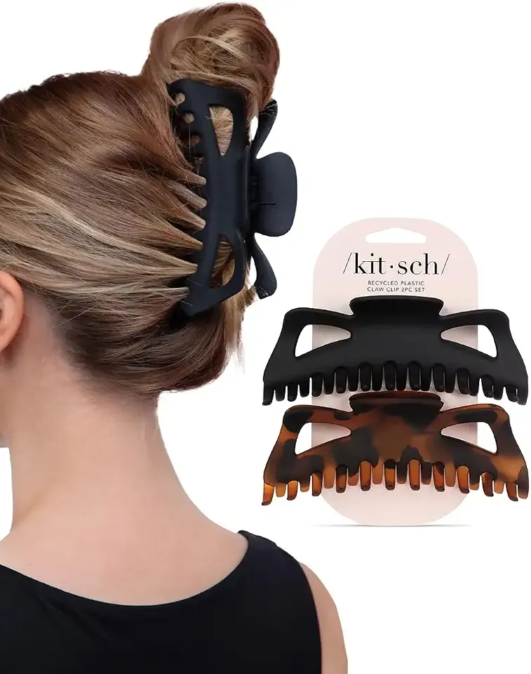 Kitsch 5 Inch Large Claw Clips for Thick and Long Hair | Strong Grip Jumbo Claw Clip for All-Day Hold | 2pcs Matte Oversized Hair Accessories - Black & Tortoise Design