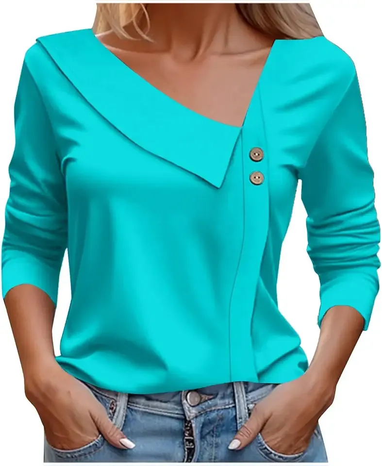 Asymmetric Tops for Women 2024 Trendy Casual Long Sleeve Shirts Fashion Tunic Tops V Neck Button Blouses Fall Clothes