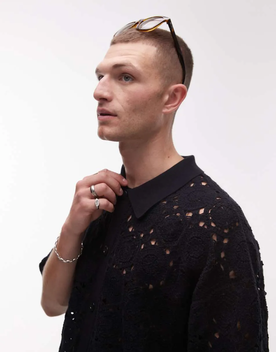 Topman relaxed floral crochet shirt in black