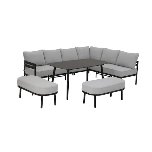 Hampton Bay Claxton Steel 5-Piece Graphite Patio Sectional Dining Set with Light Grey Cushions