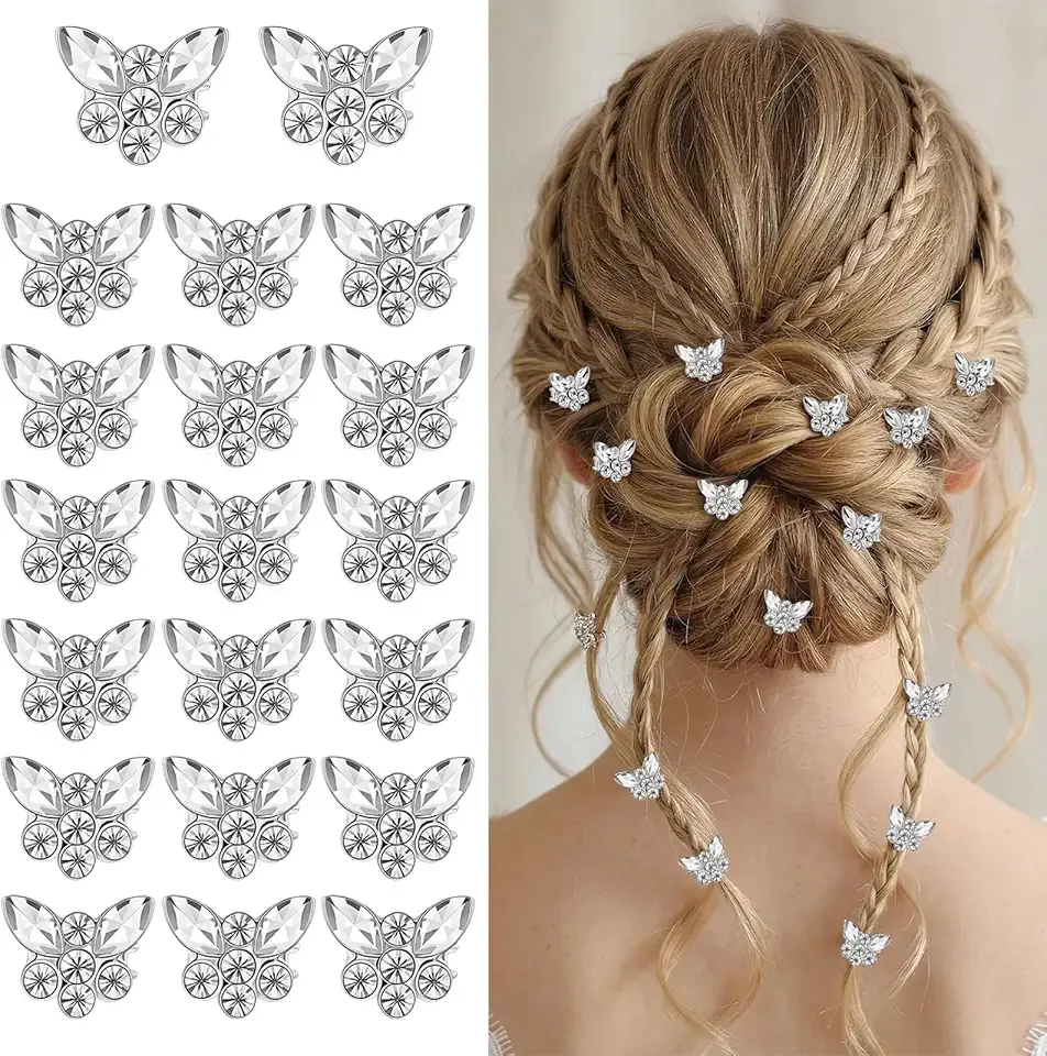 Nogeqi 20PCS Silver Butterfly Hair Clips, Mini Rhinestone Hair Clips for Women Girls, Decorative Butterfly Claw Barrettes for Bridal Flower Girl Wedding Hairstyling Accessories