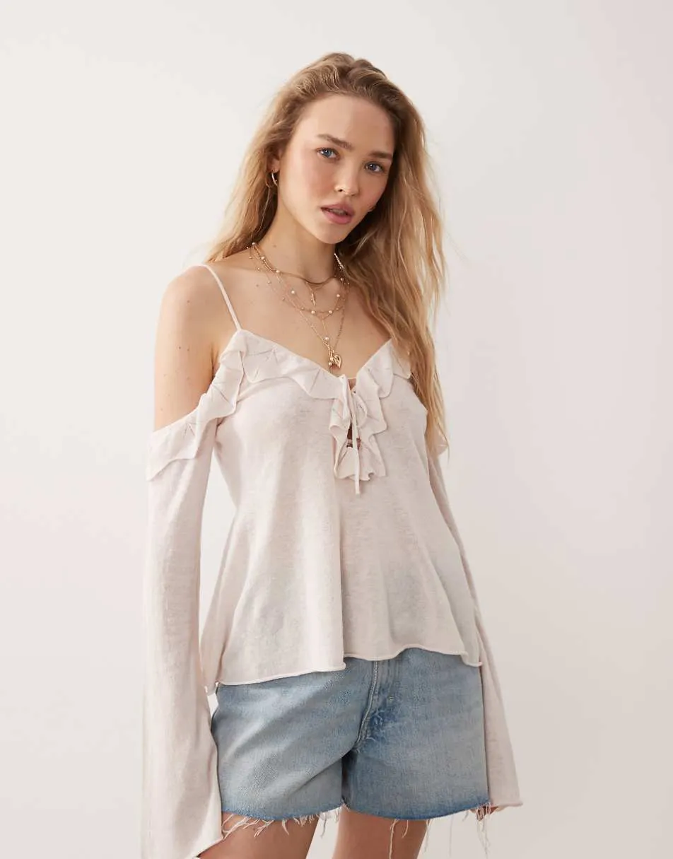 Miss Selfridge premium linen blend knit cold shoulder ruffle top in cream