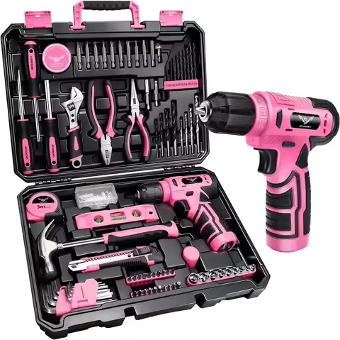 JENABOM 127-Piece Home Tool Set with 8V Pink Cordless Drill