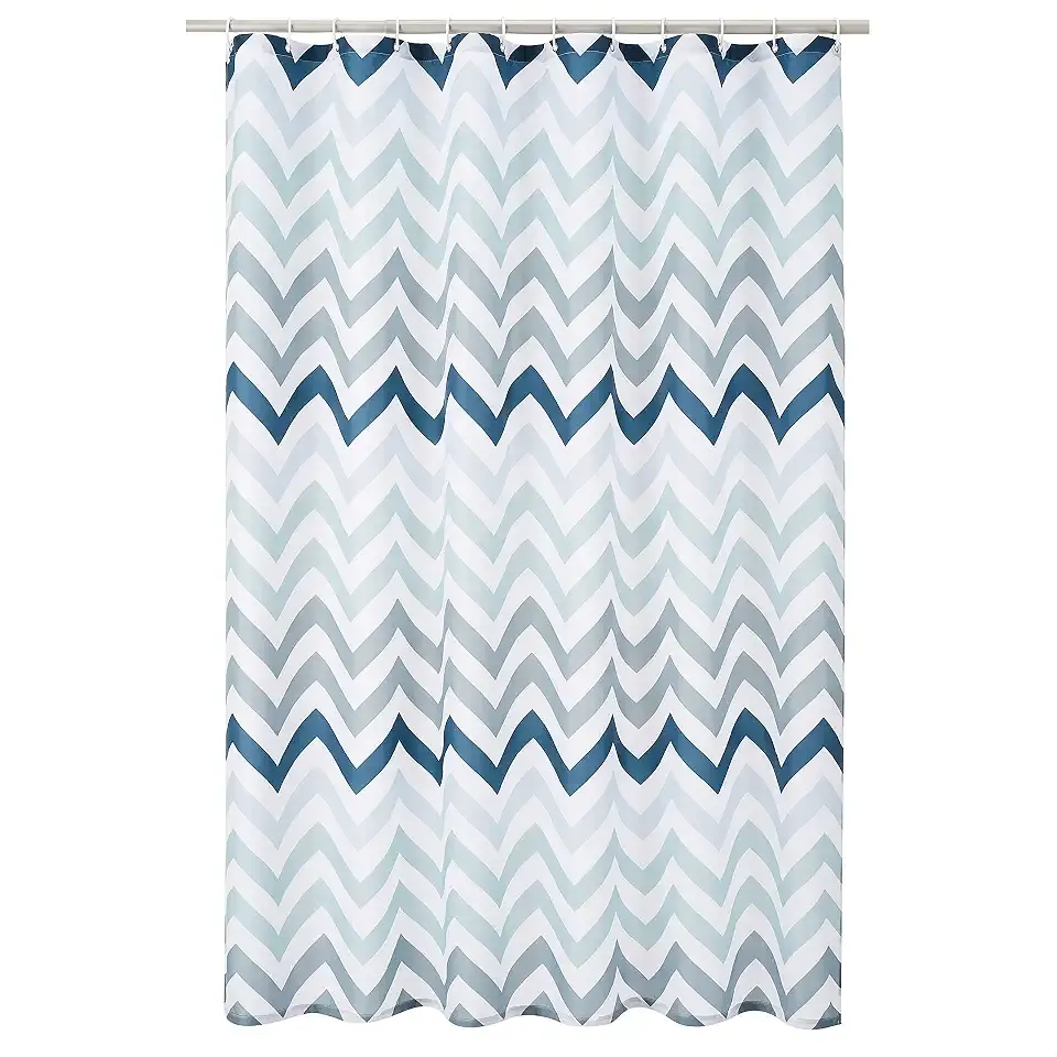 Amazon Basics Bathroom Shower Curtain, Water Resistant Fabric with Weighted Hem, Grommets & Hooks, Machine Washable, 72"x72", Blue Ombre Chevron