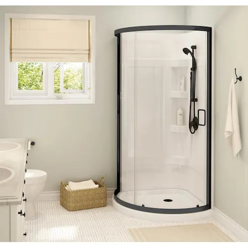 Iris II 34L x 34W x 76H in. 3-in-1 Corner Shower Kit - Shower Stall Enclosure with Corner Drain Base, Wall, and Glass Shower Door in Black