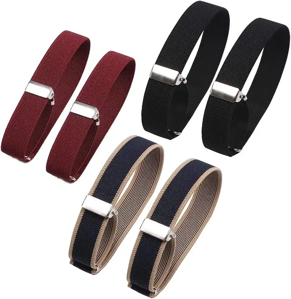 6 Pieces (3 Pairs) Unisex Elastic Adjustable Armbands Anti-Slip Shirt Sleeve Holders Adjustable Arm Shirt Garters Hold Up Sleeve Garters Elastic Armbands, Black, Wine-red, Blue with Beige Edge