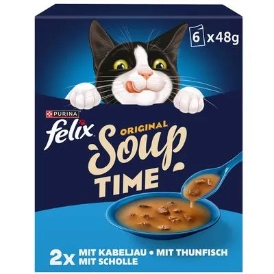 Felix Soup Time pour chat : 18 x 48 g + 6 sachets offerts ! Original : sélection de poissons