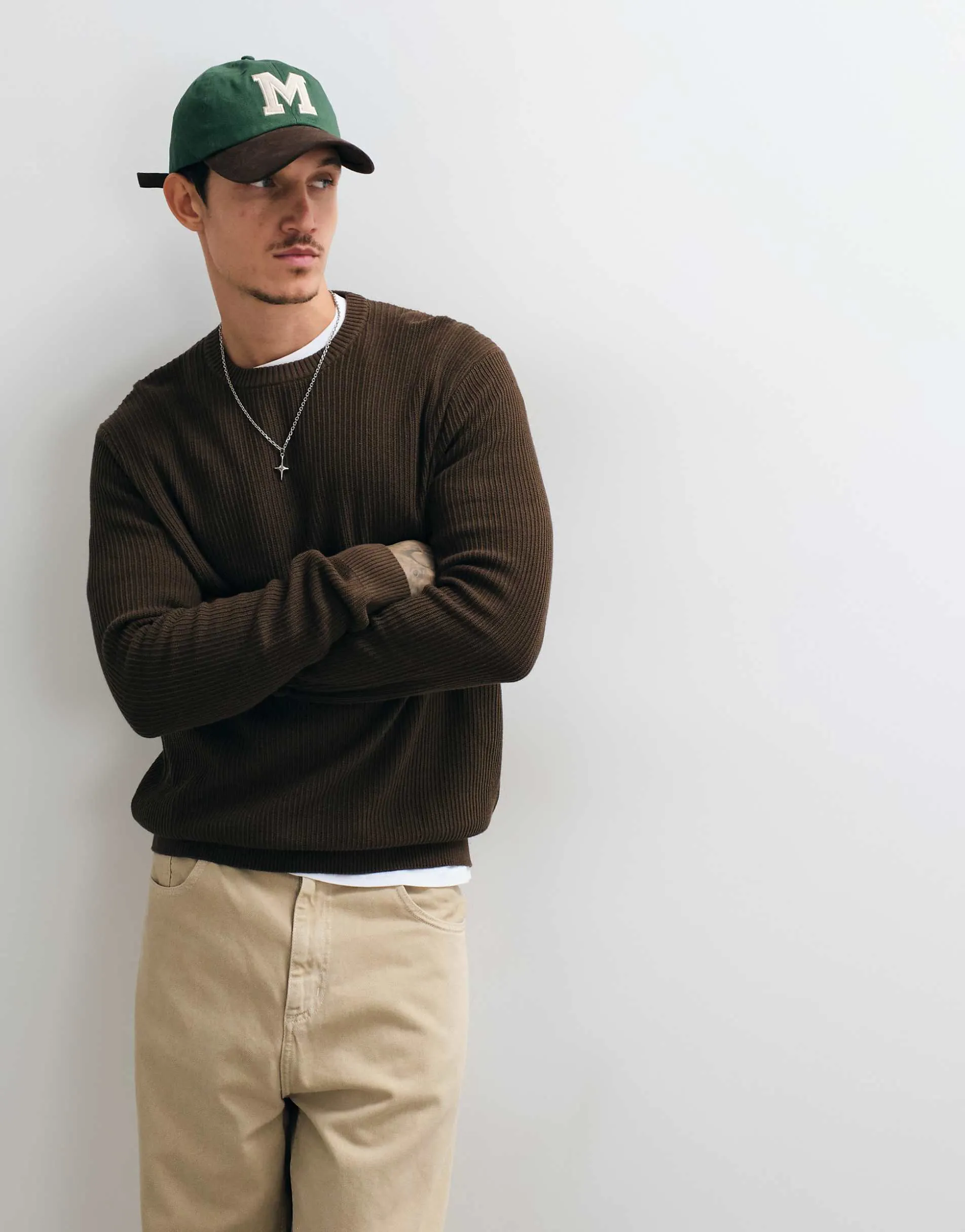 ONLY & SONS relaxed fit crew neck knit jumper in brown