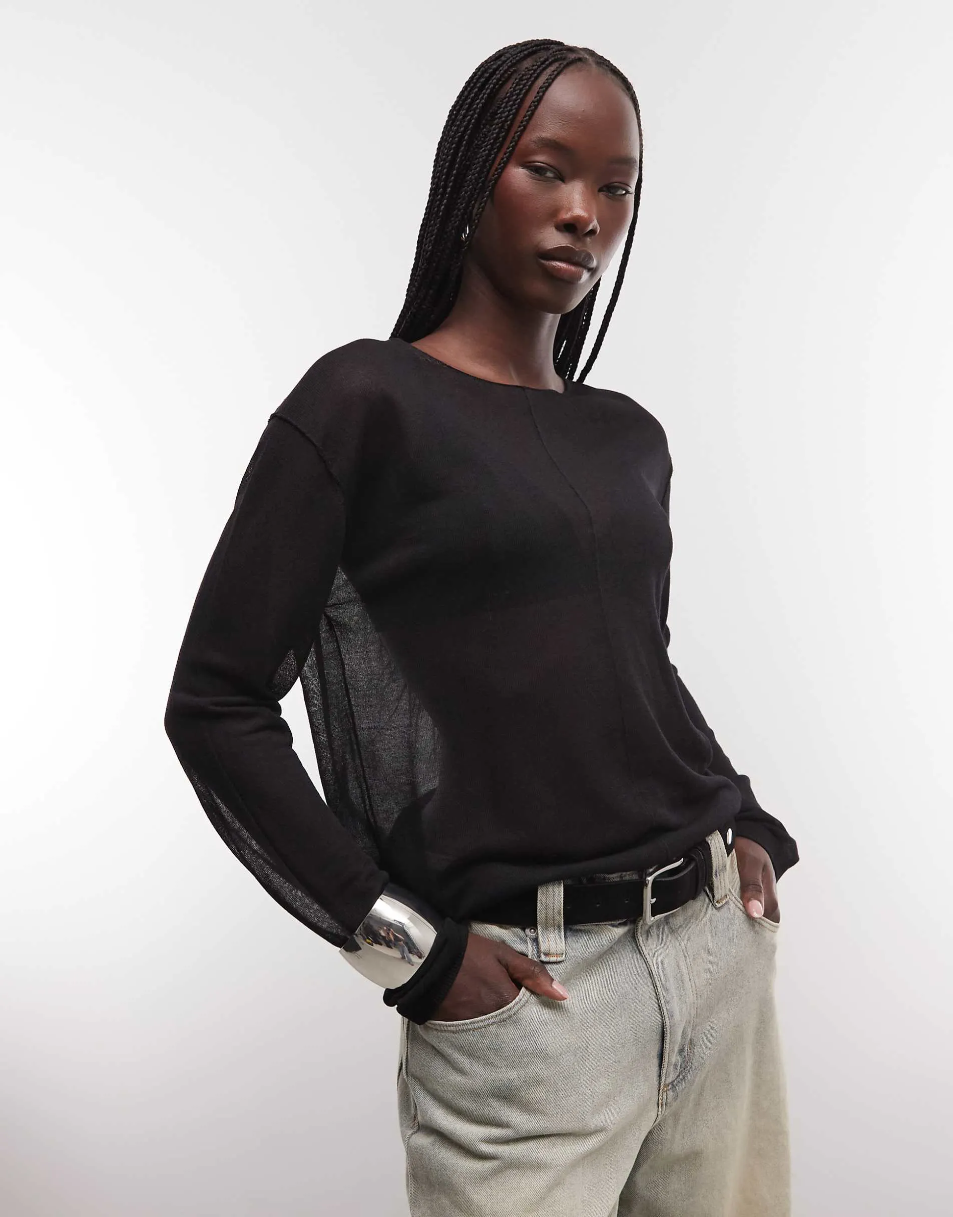 Weekday slash neck sheer knit top with front seam detail in black exclusive to ASOS