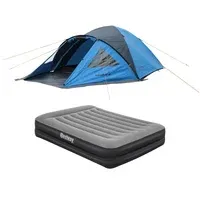 Combo Carpa Para Camping 6 Personas Nylon Kilimanjaro Azul Klimber + Colchón Inflable Eléctrico Queen 203X152X46 CM para 2 Personas Sistema de Inflado Bomba Bestway