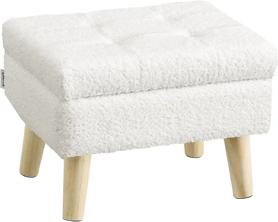 Storage Ottoman, Foot Stool, Ottoman with Padded Seat, Foot Rest with Wood Legs, Small Table, for Hallway, Living Room, 11.8 x 15.7 x 11.4 Inches, Teddy Fleece, Cream White ULOM518WD01