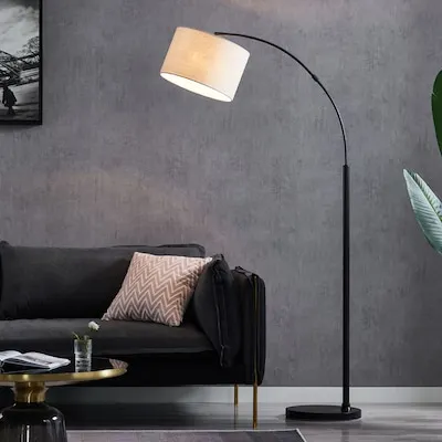 70-in Blackened bronze Arc Floor Lamp with Fabric Shade