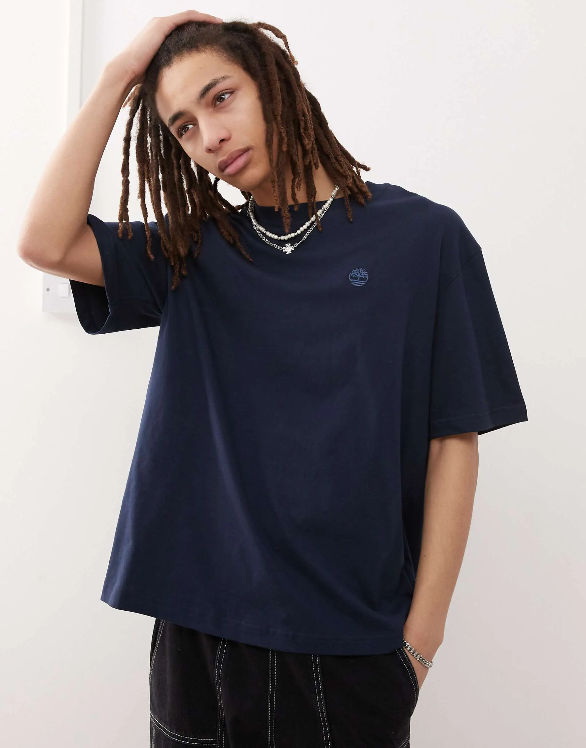 Timberland Dunstan small chest logo oversized t-shirt in navy
