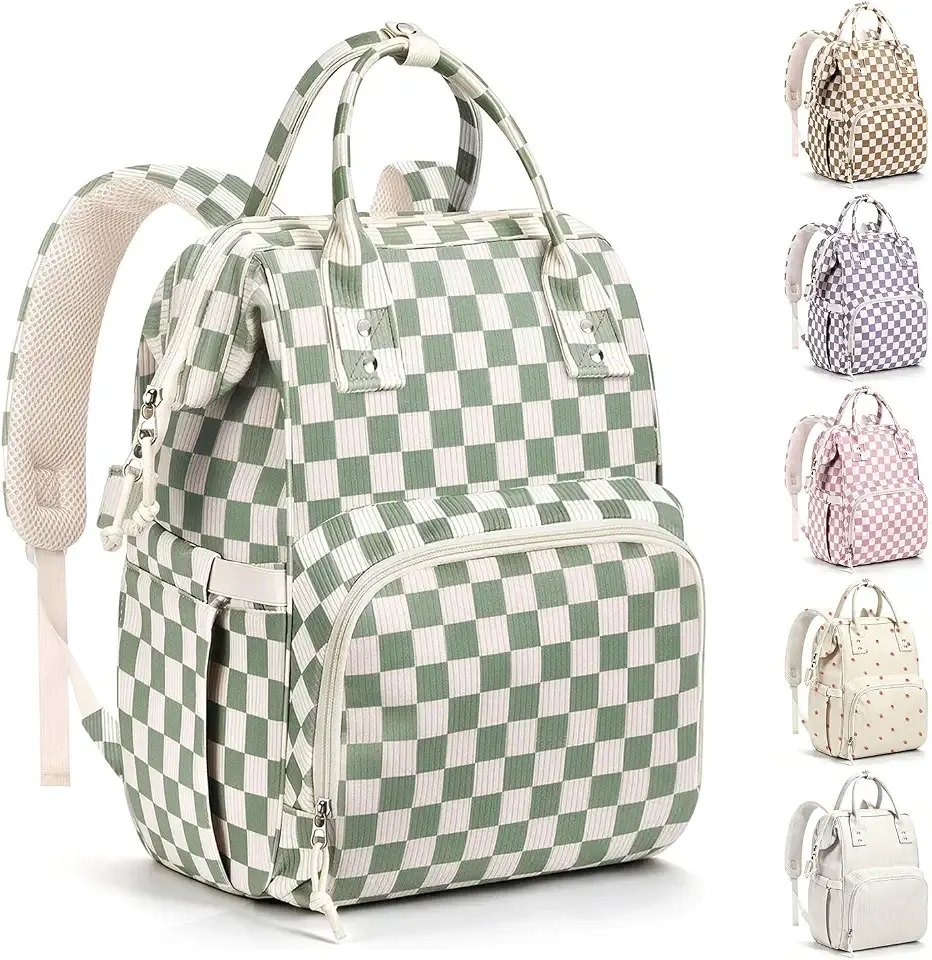 Checkered Diaper Bag, Baby Backpack for Mom with Stroller Straps