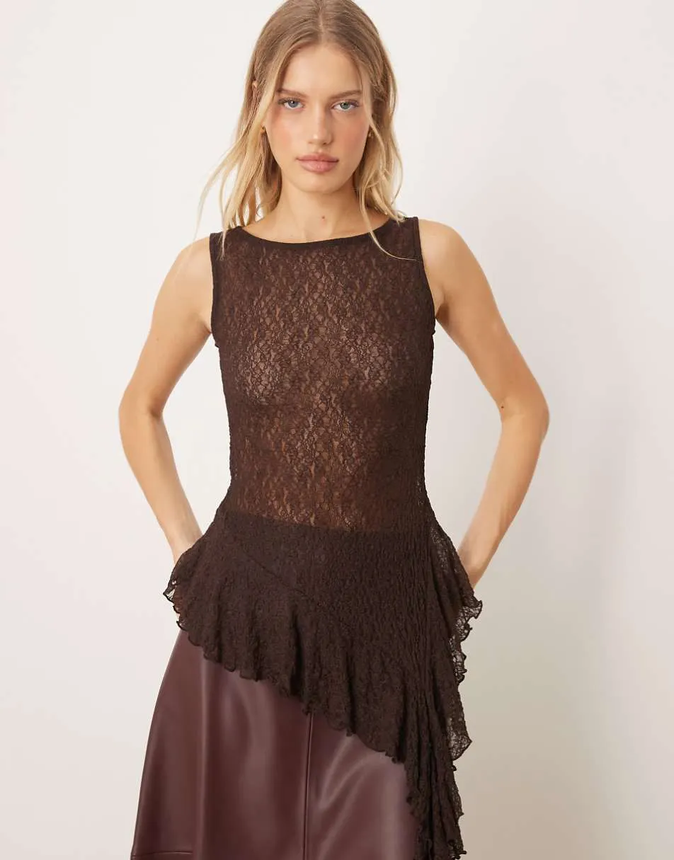 Gina Tricot asymmetric lace top in brown