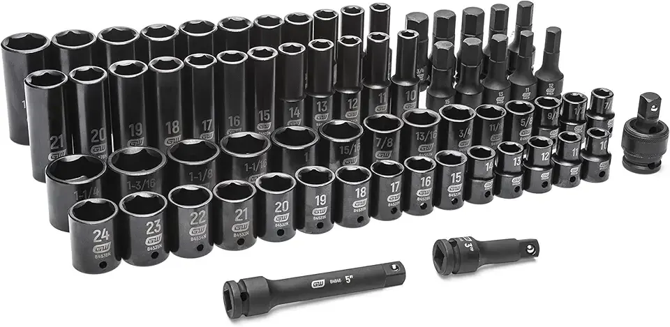 GEARWRENCH 65 Piece 1/2" Drive Standard & Deep SAE/MM Impact Socket Set - 89095