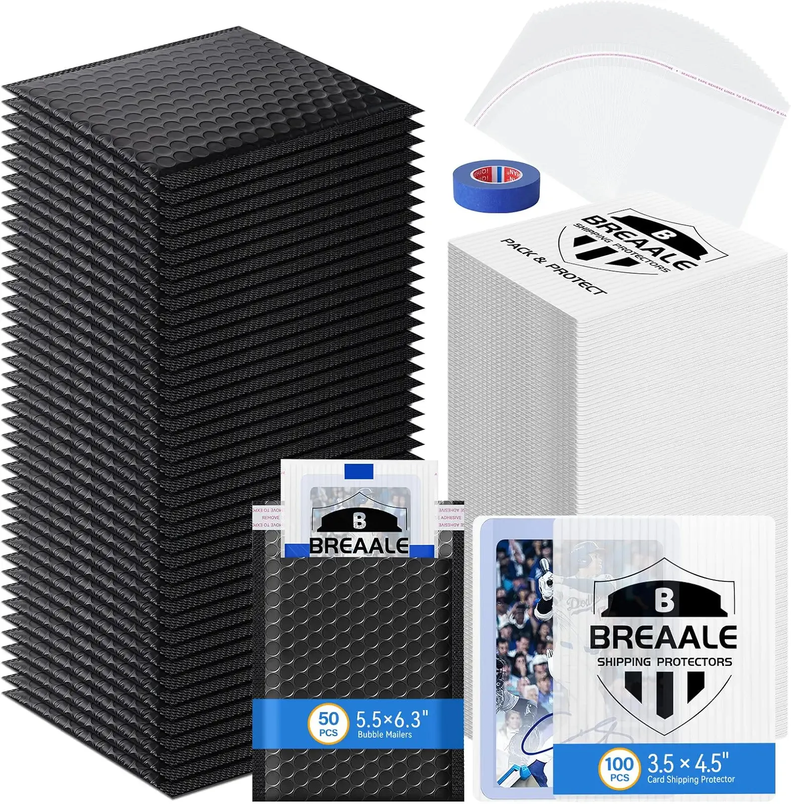 Trading Card Shipping Kit, Includes 100 3.5" x 4.5" Card Shipping Protectors, 50 Envelope Bubble Mailers, 50 Self-Seal Poly Bags, 20M Painter’s Tape for Raw Cards, Toploaders & TCG Singles