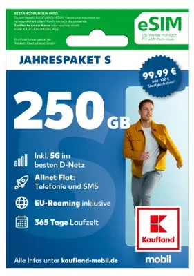 KAUFLAND MOBIL Prepaid eSIM Jahrespaket Smart S (250 GB) mit 5G im besten D-Netz (digitales Produkt)