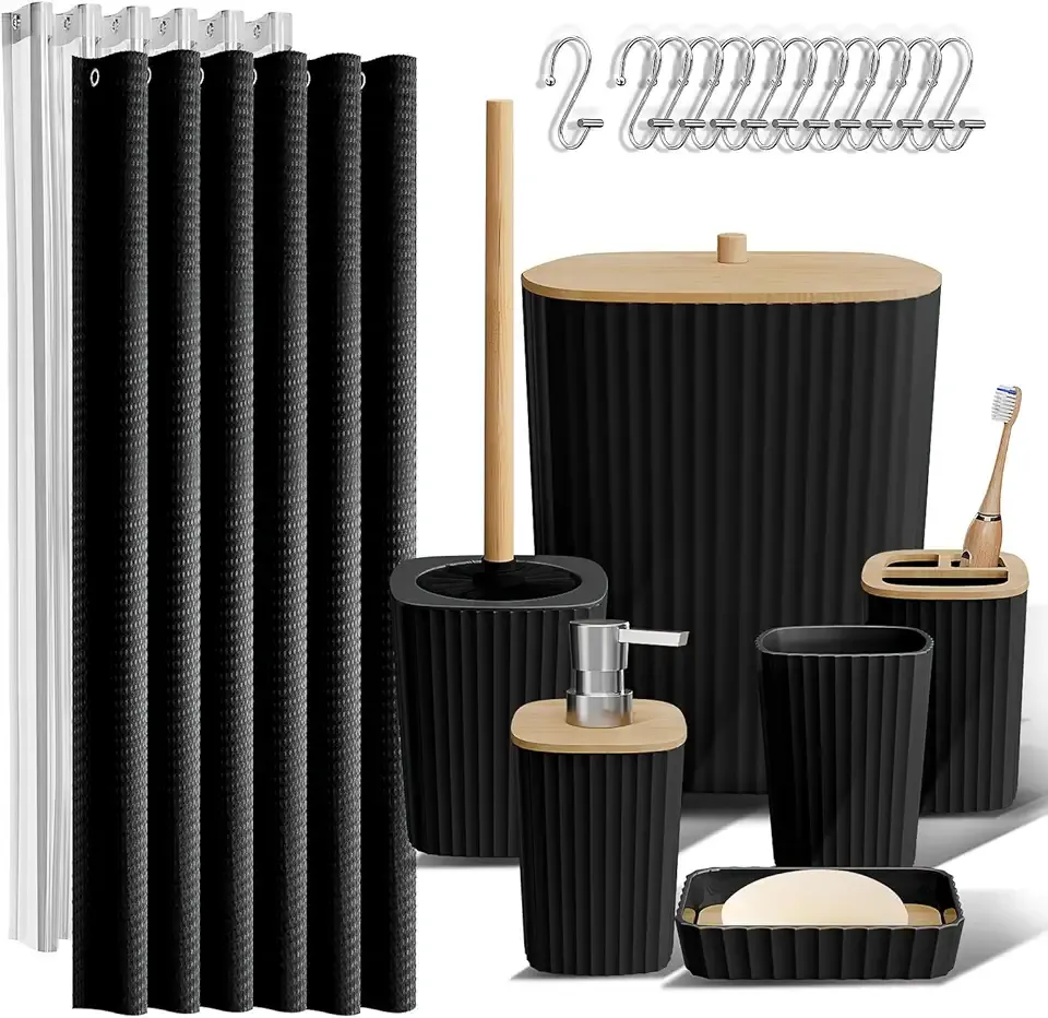 Clara Clark Bathroom Accessories Set - Bathroom Set, Bathroom Accessory Set, Shower Curtain Set, Toilet Brush, Trash Can & Soap Dispenser - Black - 20PC