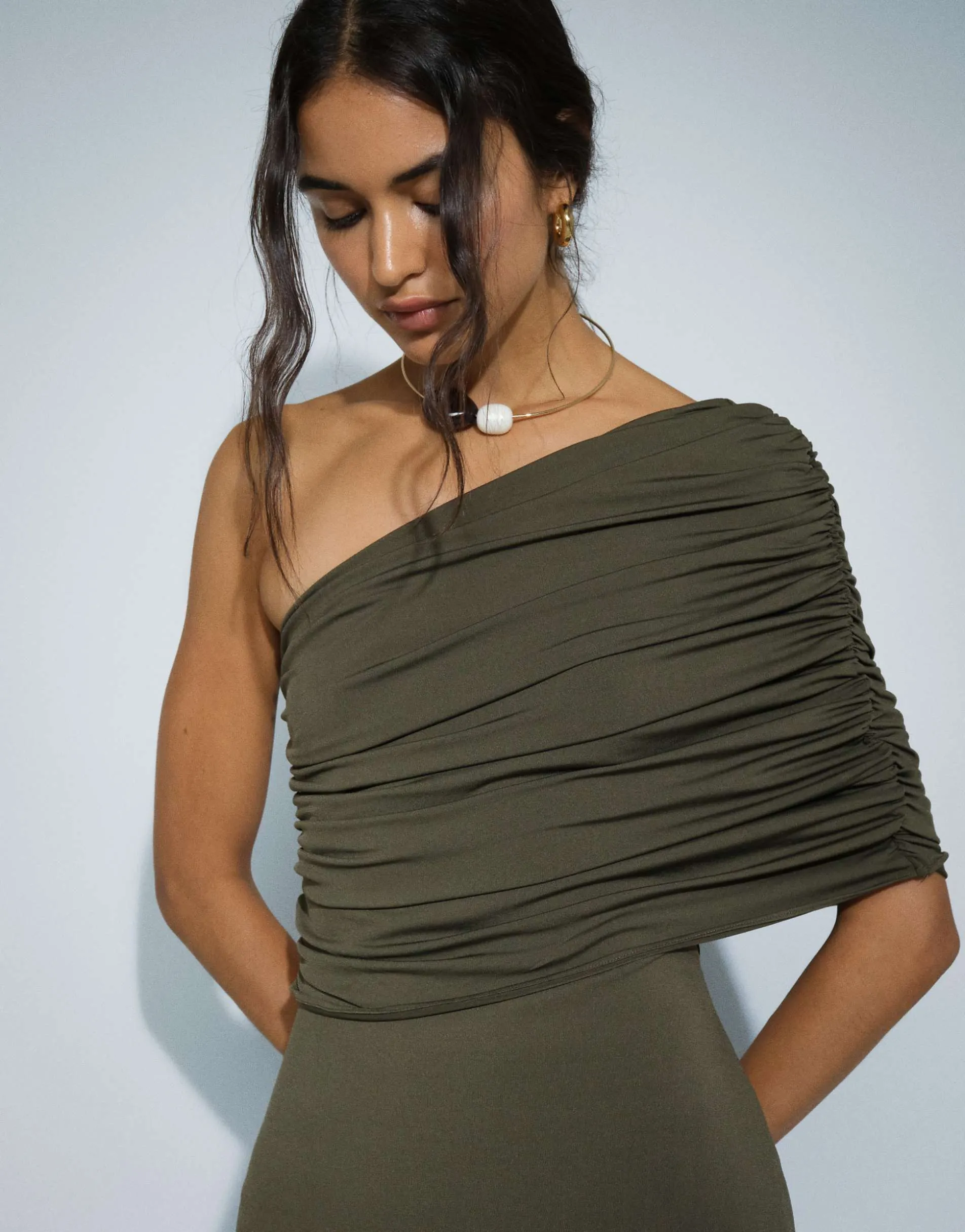 TFNC slinky draped one shoulder maxi dress in olive
