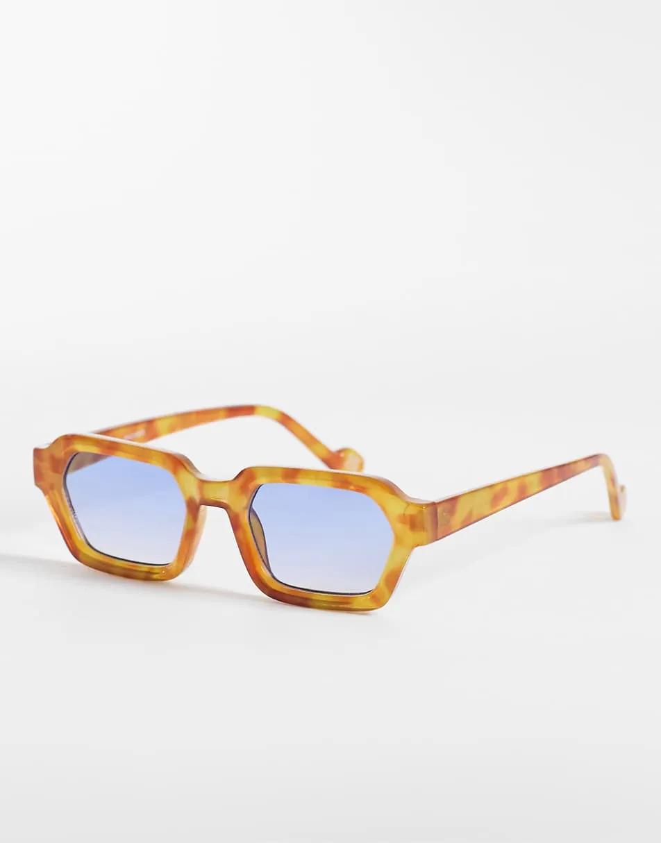ASOS DESIGN rectangle sunglasses in tortoise frame with blue lens