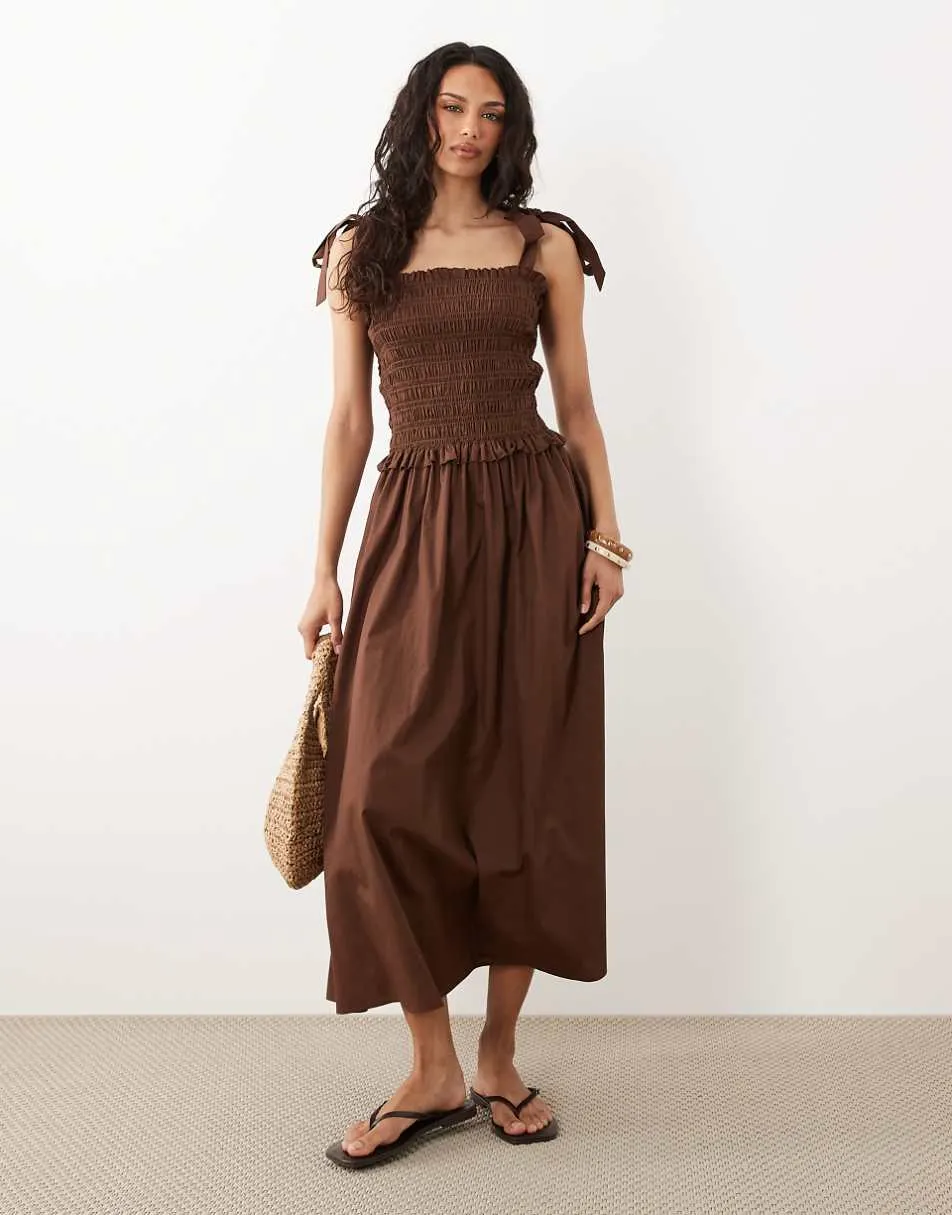 New Look shirred tie strap midi dress in brown