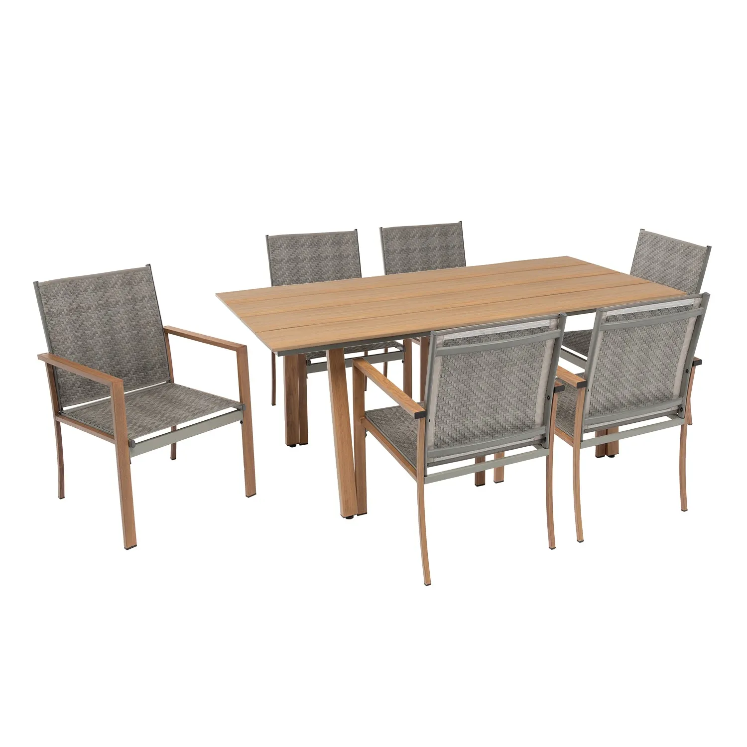 Set da giardino 7 pezzi Tavolo con 6 Sedie struttura in Acciaio Effetto Legno e Top in Polywood