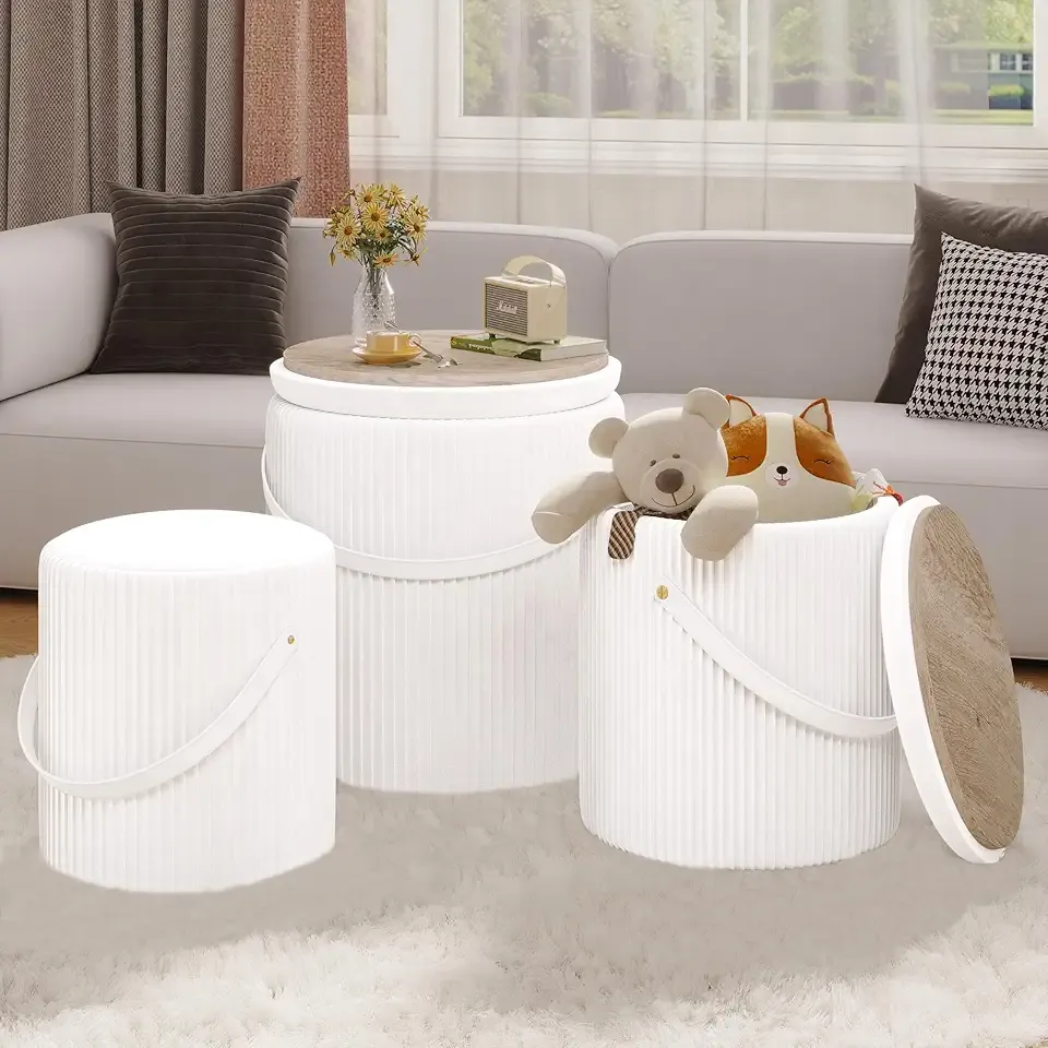 Round Ottoman with Storage Set of 3,White Ottoman Coffee Table with Handle for Bedroom,Small Velvet Foot Stool with Tray lid for Living Room,Nesting Ottomans with Storage (White)
