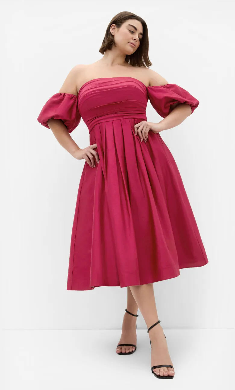 Rosalee Puff Sleeve Midi Dress - raspberry