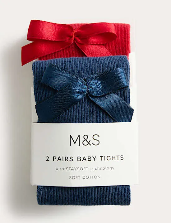 2 Paar Strumpfhosen mit hohem Baumwollanteil und Schleife (0–3 Jahre)