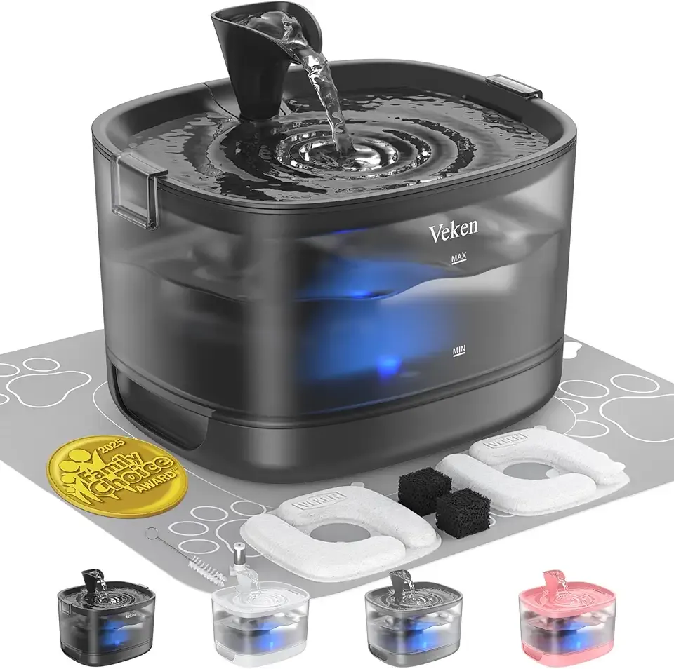 Veken Cat Water Fountain with Detachable Tank & Secure Clips, Easy to Clean & Assemble, 85oz/2.5L Pet Drinking Dispenser with Quiet Operation & LED Light, Gifts, Cats, Dogs and Small Pets, Black