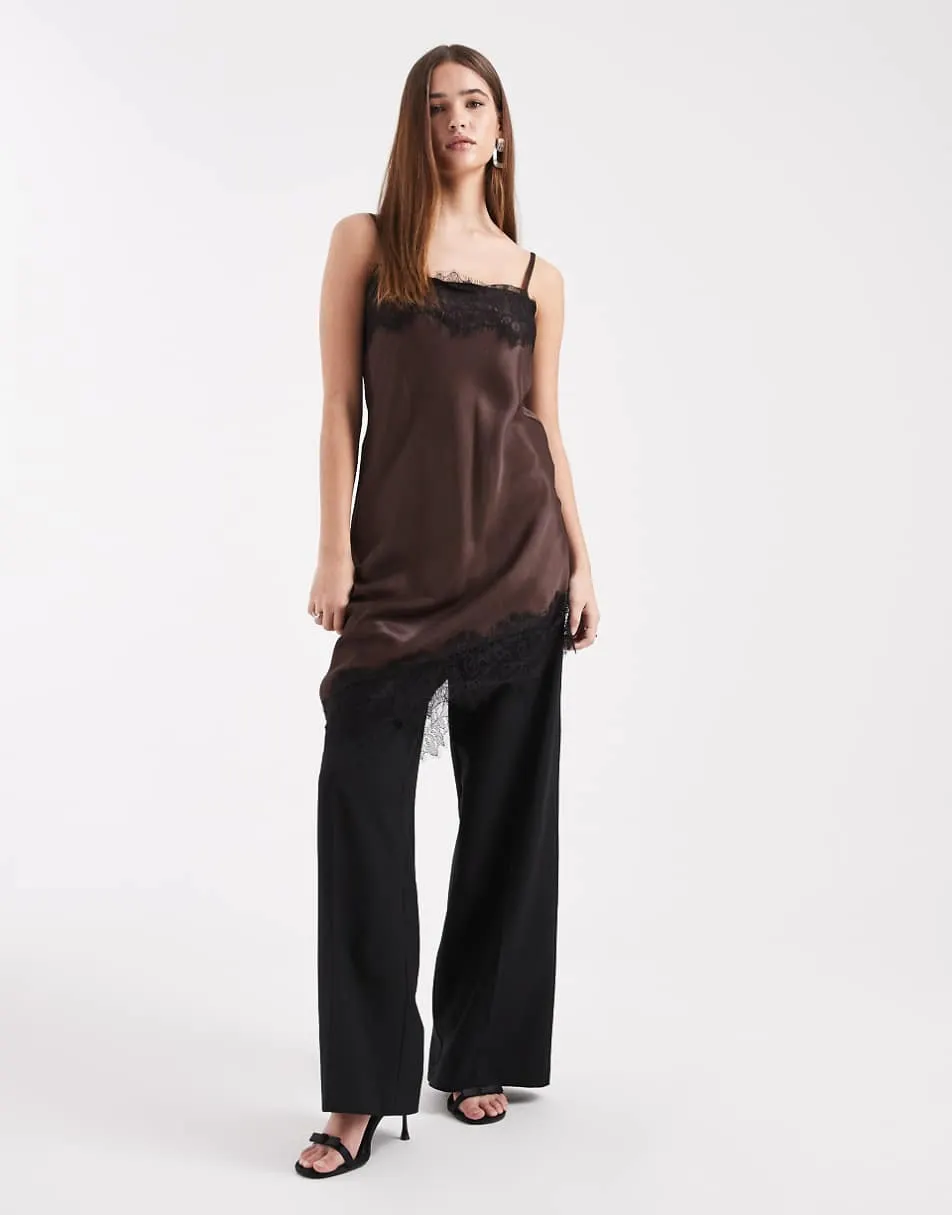 ASOS DESIGN satin lace trim asym mini dress in chocolate