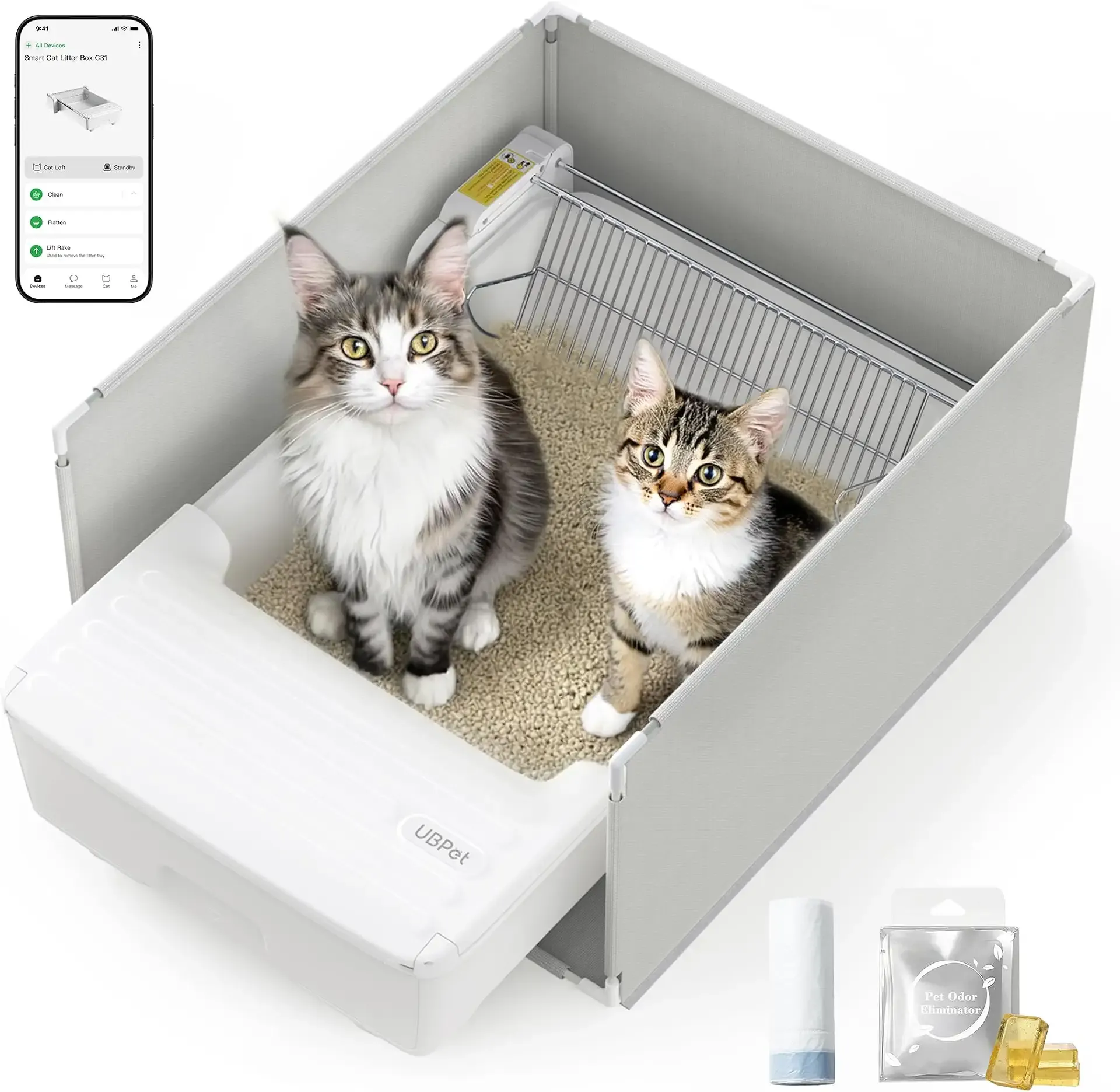 UBPET Open-Top Automatic Cat Litter Box, Self Cleaning Litter Box for Multiple Cats, Weight Sensors Safety Protection, Smart APP Control, Odor-Free Waste Disposal, Works with Bentonite Mineral Litter