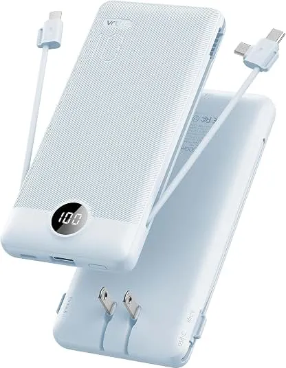 VRURC Portable Charger, Power Bank Built-in Cables and AC Wall Plug | USB C Power Bank 10000mAh, Travel Essentials Phone Charger Compact External Battery Pack For Smart Phones, Tablets etc-Blue VRURC Portable Charger, Power Bank Built-in Cables a…