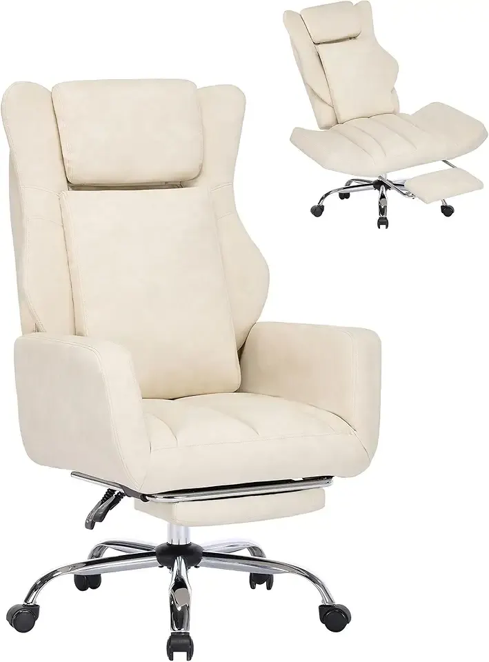 DYHOME Criss Cross Office Chair with Footrest, Executive Office Chair Ergonomic Flip-Up Armrest Wide Seat, Adjustable Reclining Computer Desk Chairs for Working, Gaming, Relaxing, PU Leather Beige