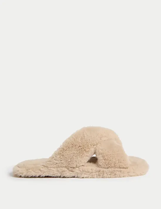 Faux Fur Crossover Open Toe Slippers