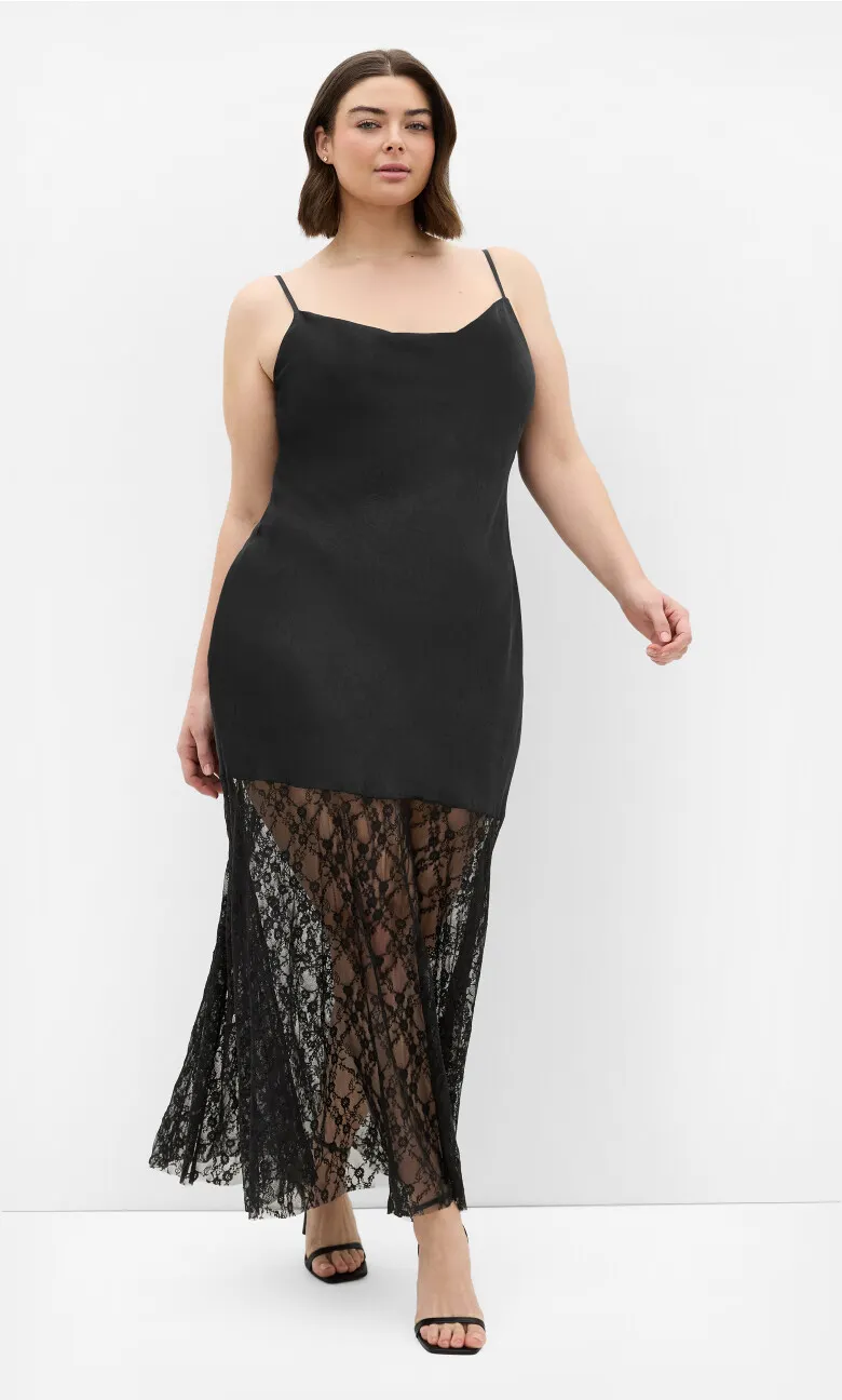 Lilly Slip Lace Hem Maxi Dress - black
