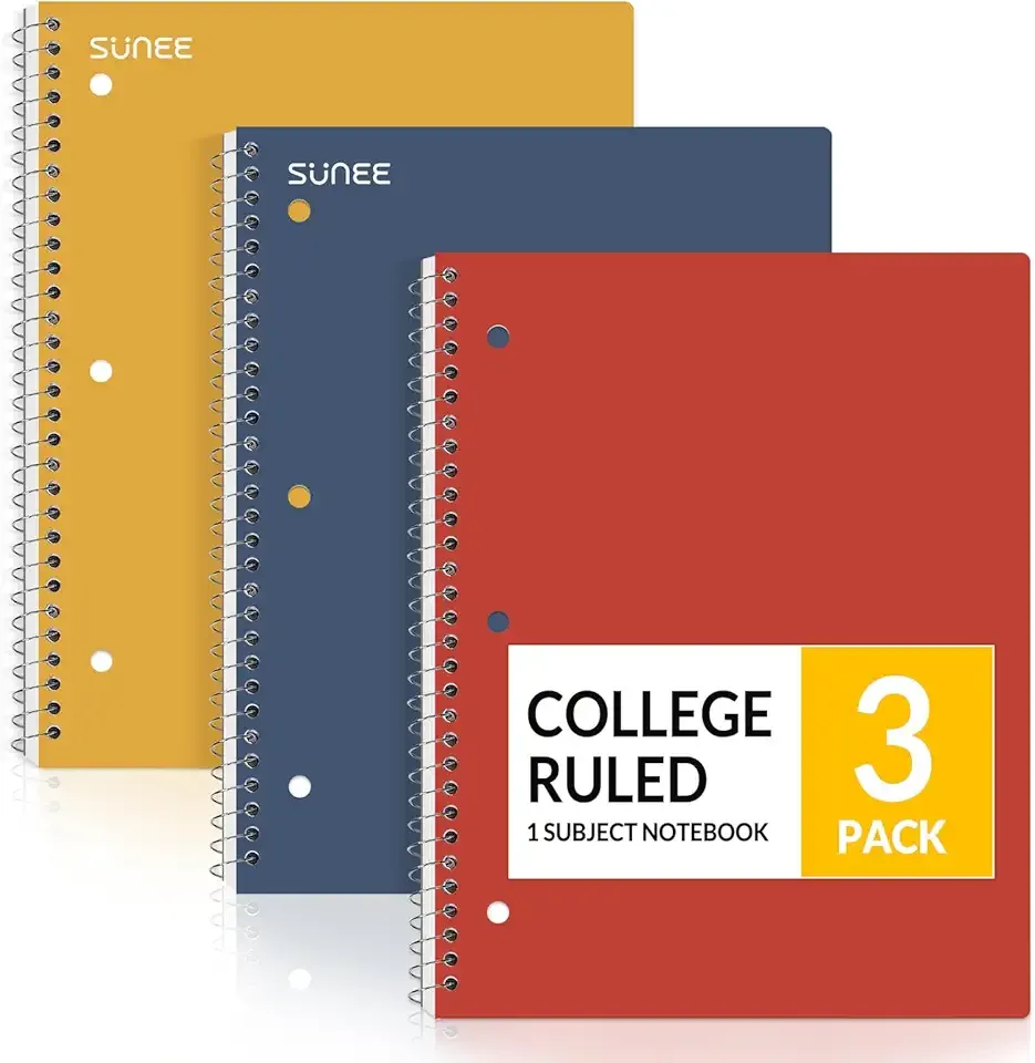 SUNEE Spiral Notebooks, 3 Pack, 1-Subject, College Ruled Paper, 8" x 10-1/2", 70 Sheets per Notebook, Assorted Colors Spiral Notebooks for School (Brick Red, Blue, Yellow)