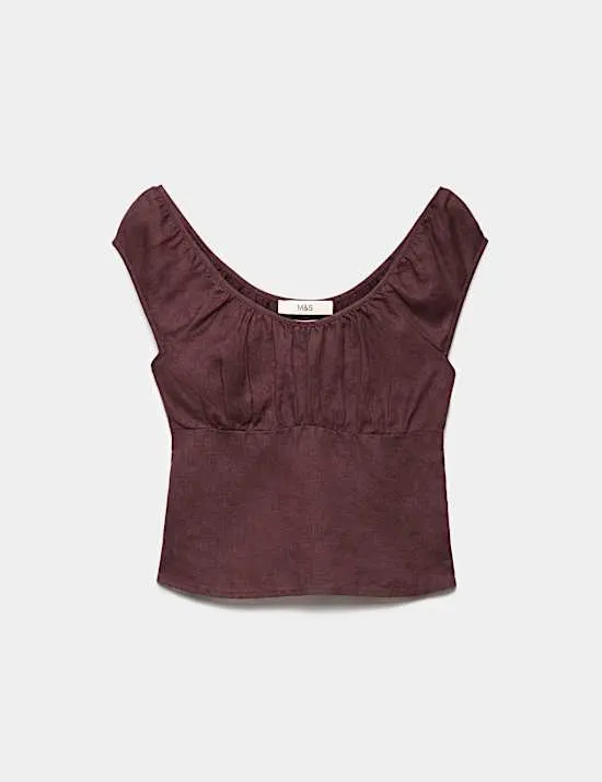 Pure Linen Square Neck Ruched Top