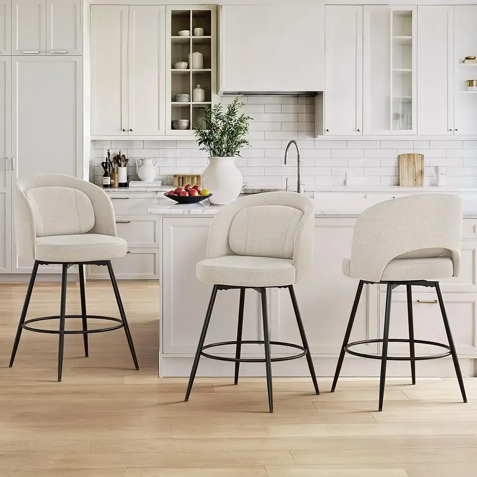 LUE BONA 26''H Swivel Bar Stools Set of 3, Counter Height Bar Stools with Backs, Lumbar Pillow and Black Metal Frames, Upholstered Morden Barstools for Kitchen Island, Linen Farbic, Linen Color