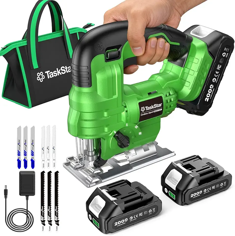 Cordless Jig Saw Tool - with Dual 2.0Ah Batteries, 9 Blades, 0–45° Bevel Cutting, 4 Orbital Settings, LED Light, Lightweight Electric Jigsaw for Wood, Metal & Plastic, Straight & Curved Cuts