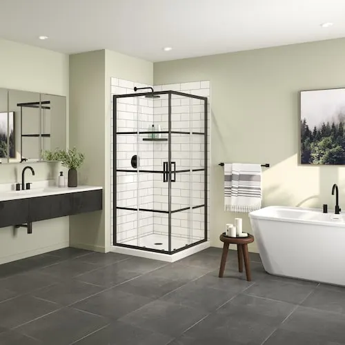 Scarlet 36L x 36W x 75H in. 2-in-1 Corner Shower Kit - Shower Enclosure with Corner Drain Shower Base and Glass Shower Door in Black (No Wall)