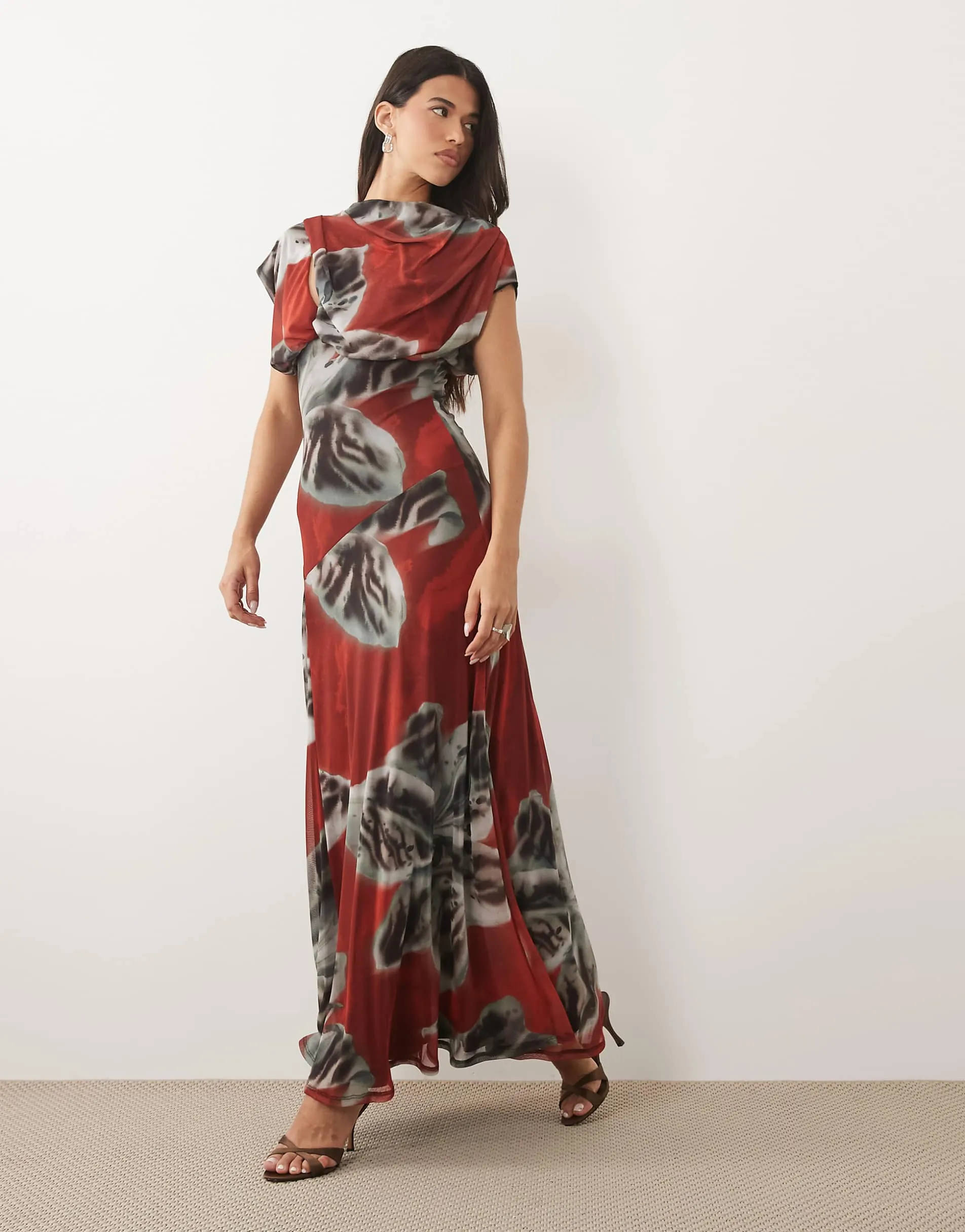 ASOS DESIGN printed mesh draped blouson maxi dress in red floral
