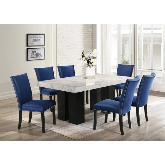 7-Piece Dining Set with Genuine Marble Table and Velvet Chairs by Best Home - Blue