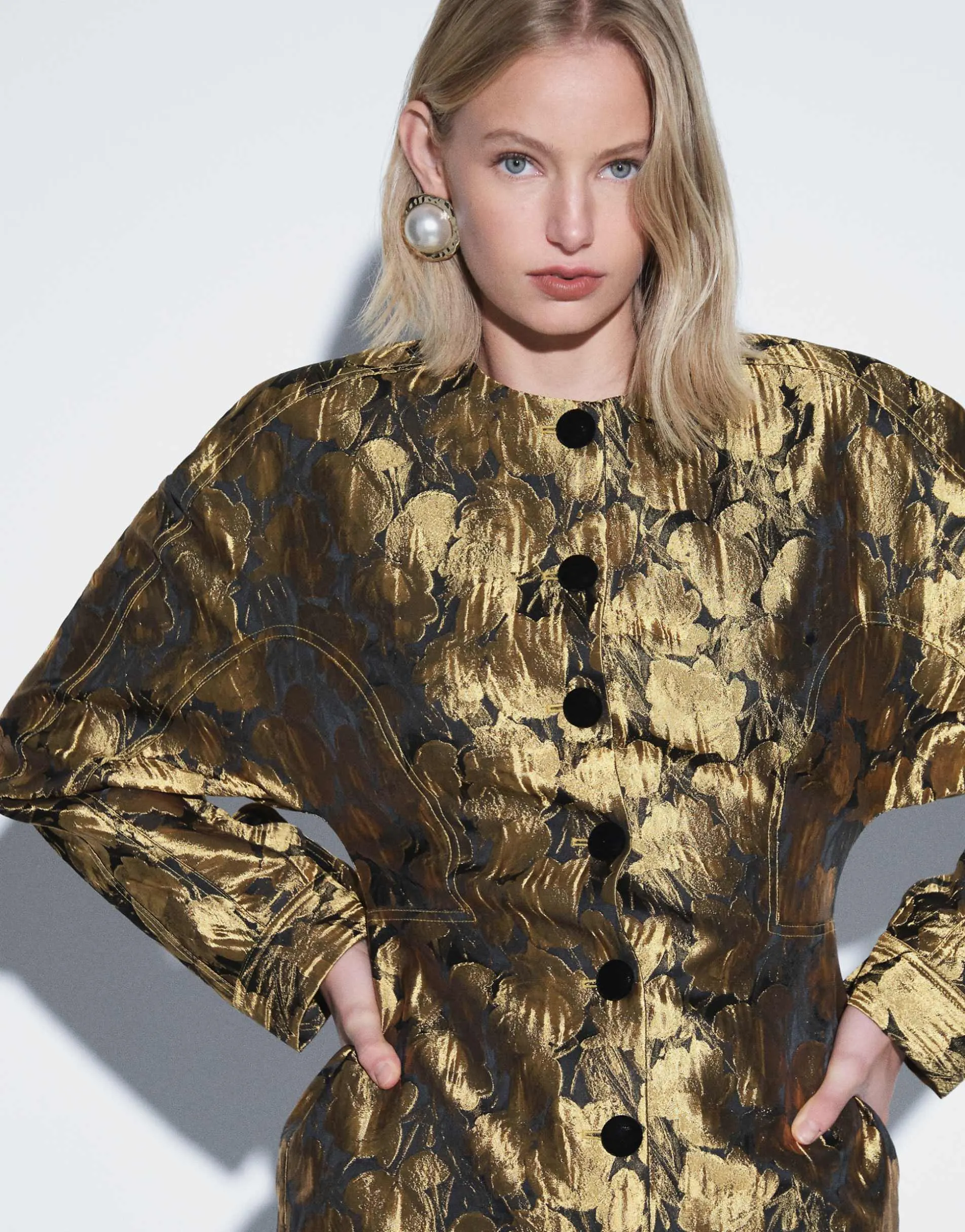 ASOS DESIGN crew neck structured button down mini dress in gold floral