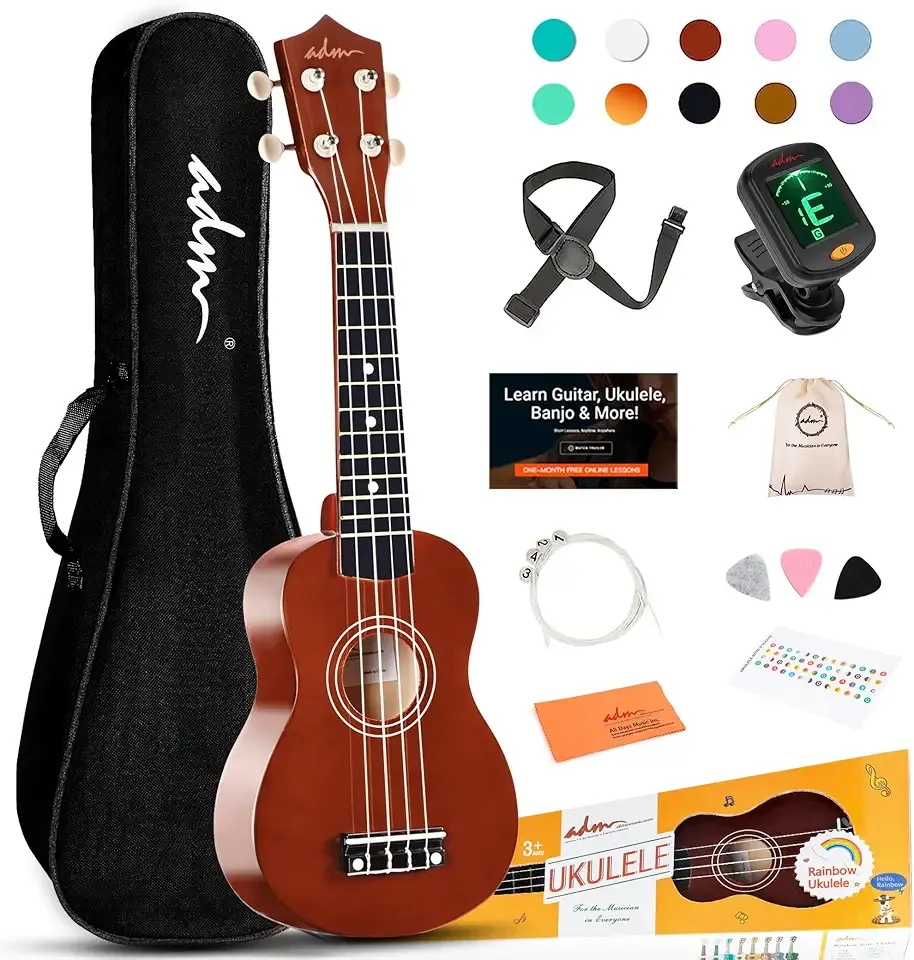 ADM Ukulele for Beginners Hawaiian Wood Ukelele Kit for Kids Adult Student Starter Professional Ukalelee Pack Bundle with Free Lessons Gig Bag Strap Nylon String Tuner (Brown, 21 Inch)