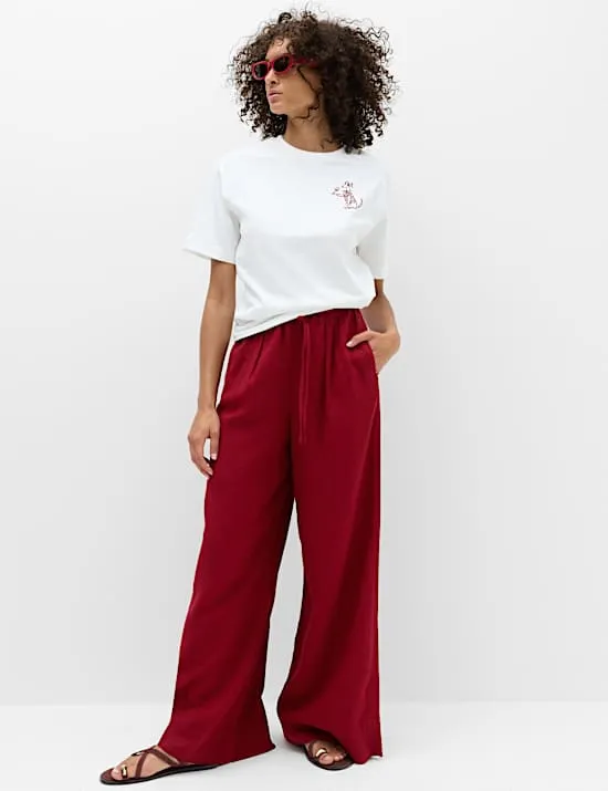 Linen Rich Drawstring Wide Leg Trousers