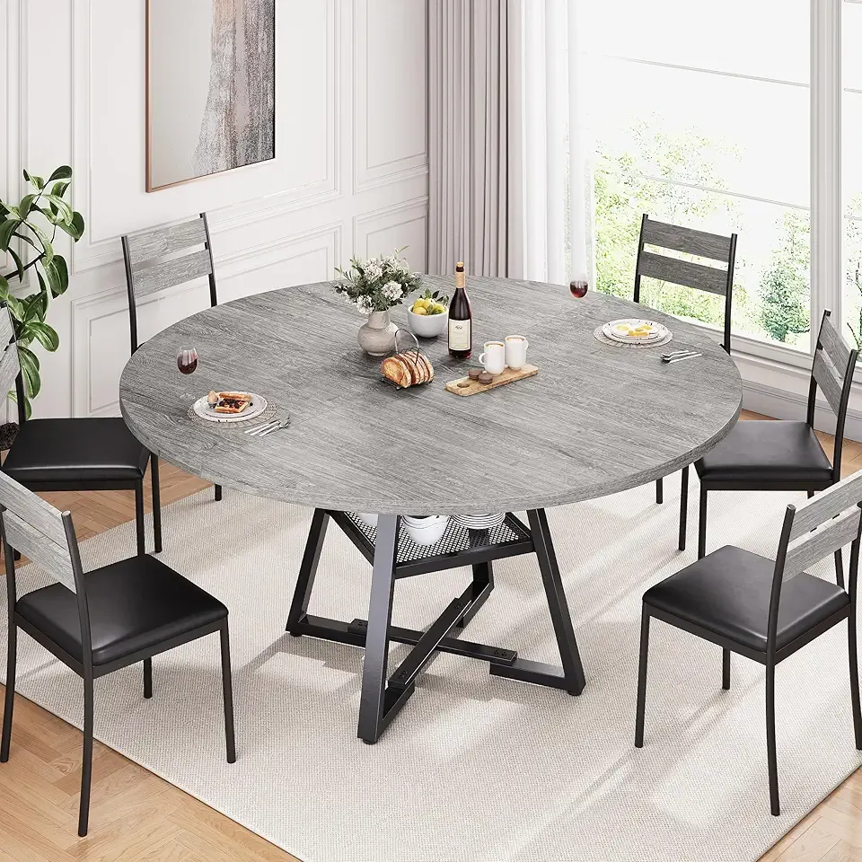 Jocoevol 51" Round Dining Table for 6,Kitchen Dining Room Circle Dinner Pedestal Table,Space Saving Wood Kitchen & Dining Room Furniture (Grey, 51In)