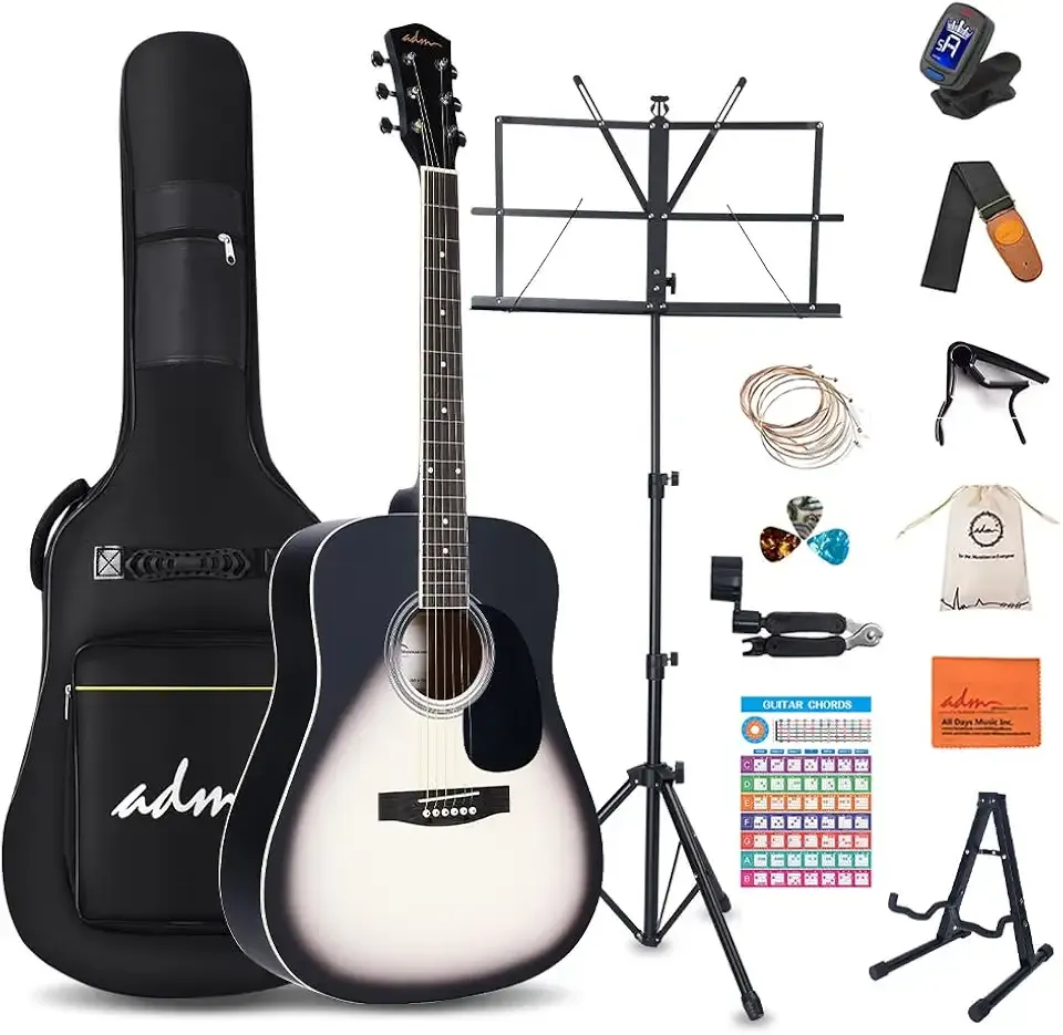ADM Dreadnought Acoustic Guitar Kit with Free Lesson for Beginner Adult Teen Full Size Acustica Guitarra Starter Bundle Set with Bag Strap Tuner Capo Pickguard Music Stand, Right Hand(Grey, 41 Inch)