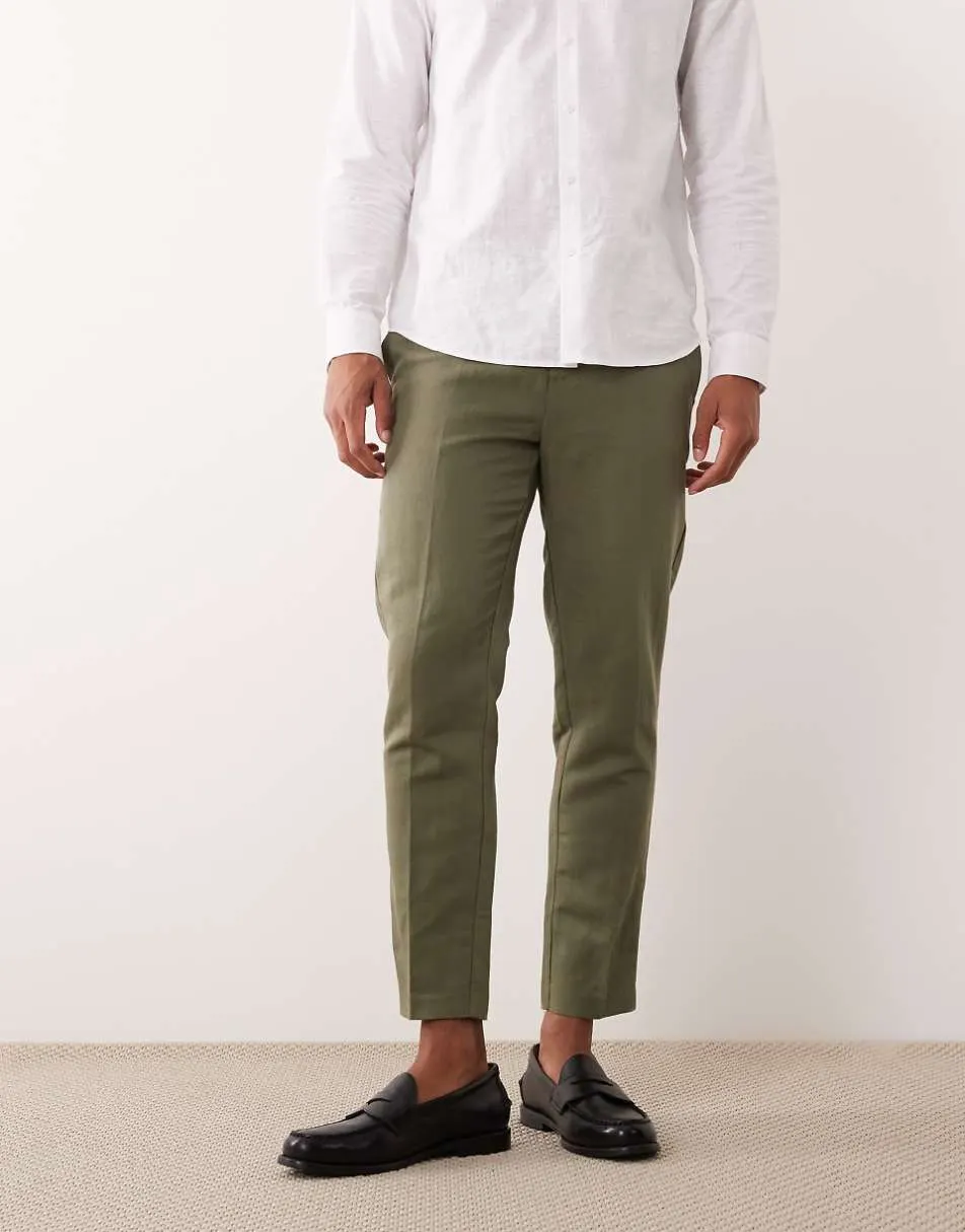 ASOS DESIGN smart linen rich tapered trousers in olive green